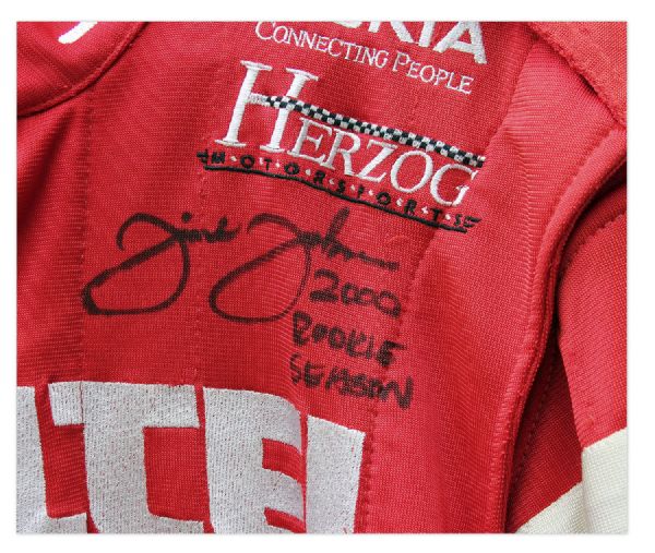 Jimmie Johnson Signed Racing Suit From His Rookie Year -- Race-Worn During the 2000 NASCAR Busch Series