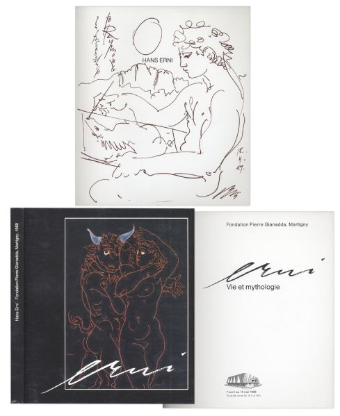 Hans Erni Lot of 5 Signed Illustrations Dedicated to Raymond Burr