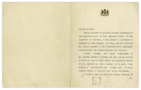 Queen Elizabeth II Typed Letter Signed -- Sent to King Faisal II of Iraq on 24 January 1955 -- ''...I have judged it expedient to accredit to Your Majesty My Trust...''