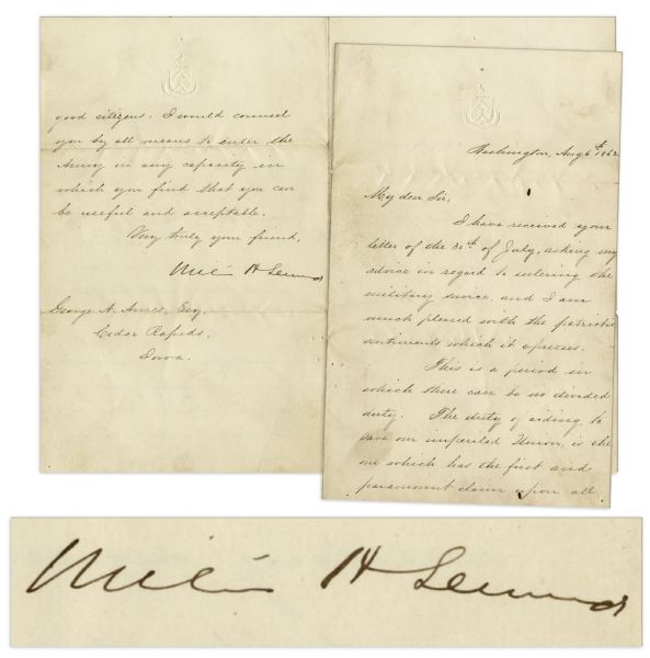 William Seward Letter Signed, Urging His Friend to Join the Union Army in 1862 -- ''...This is a period in which there can be no divided duty...''