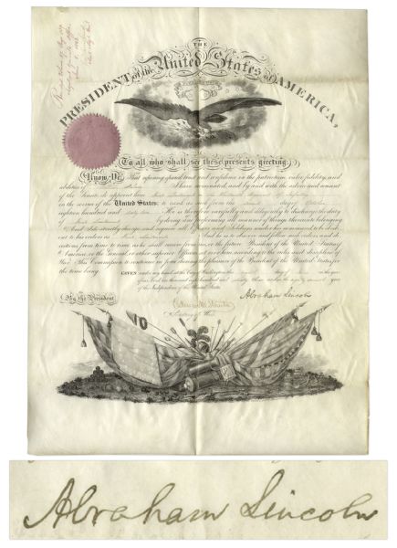Abraham Lincoln Military Document Signed in 1863 -- Lincoln Appoints William Nelson as First Lieutenant of the 13th Infantry During the Civil War -- With Full ''Abraham Lincoln'' Signature