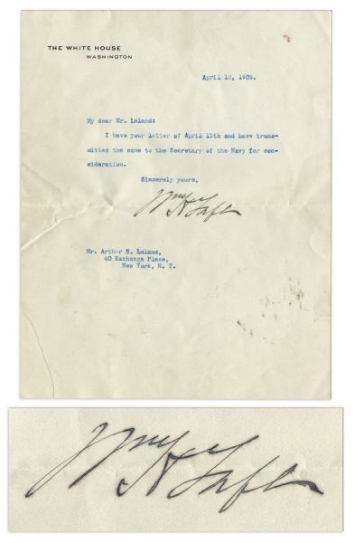 William Howard Taft Typed Letter Signed as President