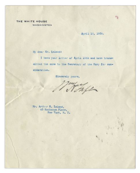 William Howard Taft Typed Letter Signed as President