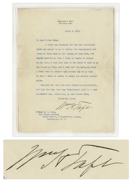 William Howard Taft Typed Letter Signed -- Taft Declines a Commencement Speech at Notre Dame Because of His Duties at Yale