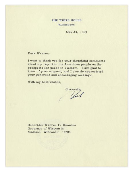 Richard Nixon Letter Signed as President Regarding Vietnam -- ''...about my report to the American people on the prospects for peace in Vietnam...''