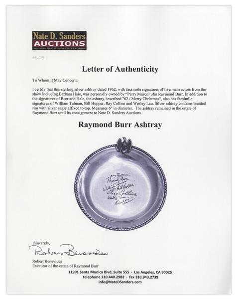 Raymond Burr Personally Owned Ashtray -- With Facsimile Signatures of Himself & Five Actors From ''Perry Mason''