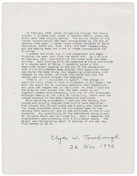 Astronomer Clyde Tombaugh Signed Description of Discovering Pluto -- ...I suddenly spied an object Thats it! I exclaimed to myself...