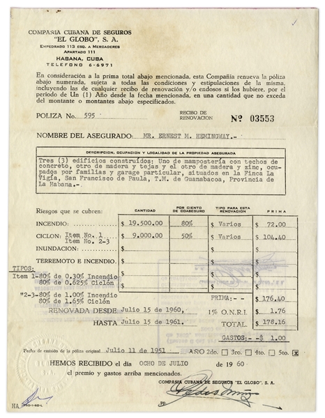 Ernest Hemingway Insurance Policy and Receipt for His Cuban Home