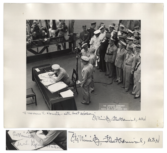 WWII Admiral Chester Nimitz Twice-Signed 14'' x 11'' Photograph -- Depicting Nimitz Signing the Declaration of Japanese Surrender on 2 September 1945