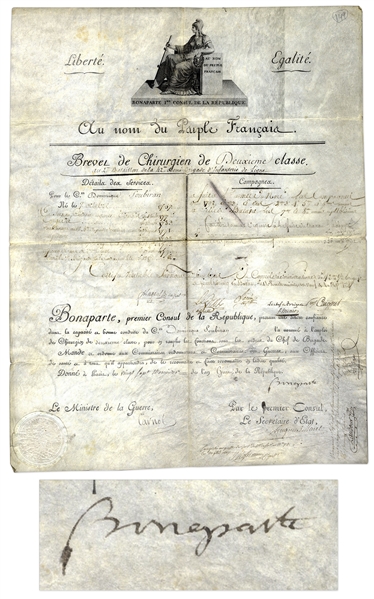Napoleon Bonaparte Document Signed as First Consul -- With Napoleons Personal Vignette to Top -- Countersigned by Lazare Carnot, Organizer of Victory of the French Revolution