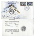 Sir Edmund Hillary & Tenzing Norgay Signed First Day Cover -- With Limited Edition Coin Marking 25th Anniversary of Everests First Ascent