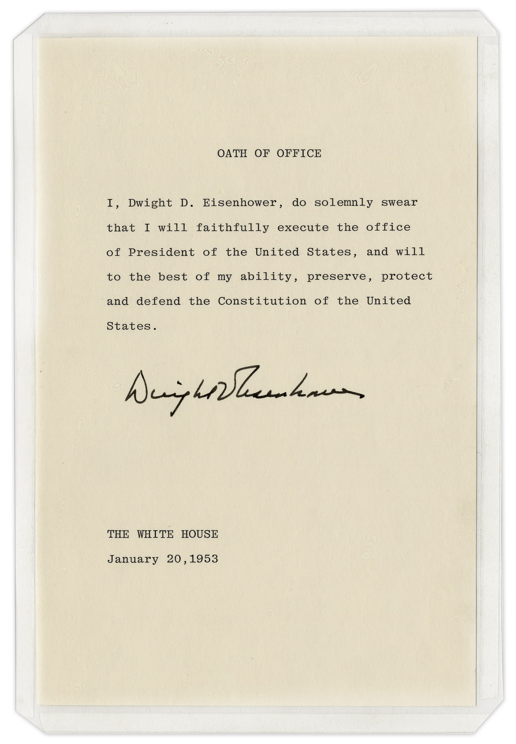 Lot Detail Dwight D Eisenhower Signed Souvenir Presidential Oath Of Office I Dwight D Eisenhower Do Solemnly Swear