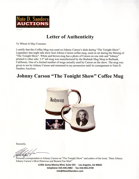 Johnny Carson Mug Used on His Desk During ''The Tonight Show'' -- Previously Owned by Carson's Personal Correspondent Who Worked on The Show For 10 Years