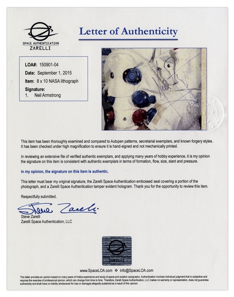 Neil Armstrong Uninscribed Signed Photo in His White Spacesuit -- With Steve Zarelli COA