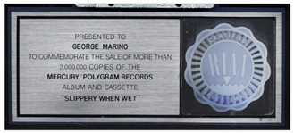 Bon Jovi RIAA Multi-Platinum Record Award for ''Slippery When Wet'' -- From George Marino Estate
