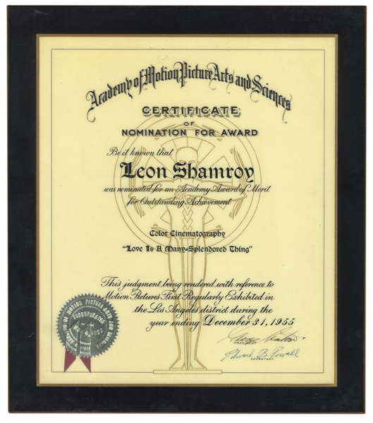 1955 Academy Award Nomination Presented to Leon Shamroy for ''Love is a Many-Splendored Thing''