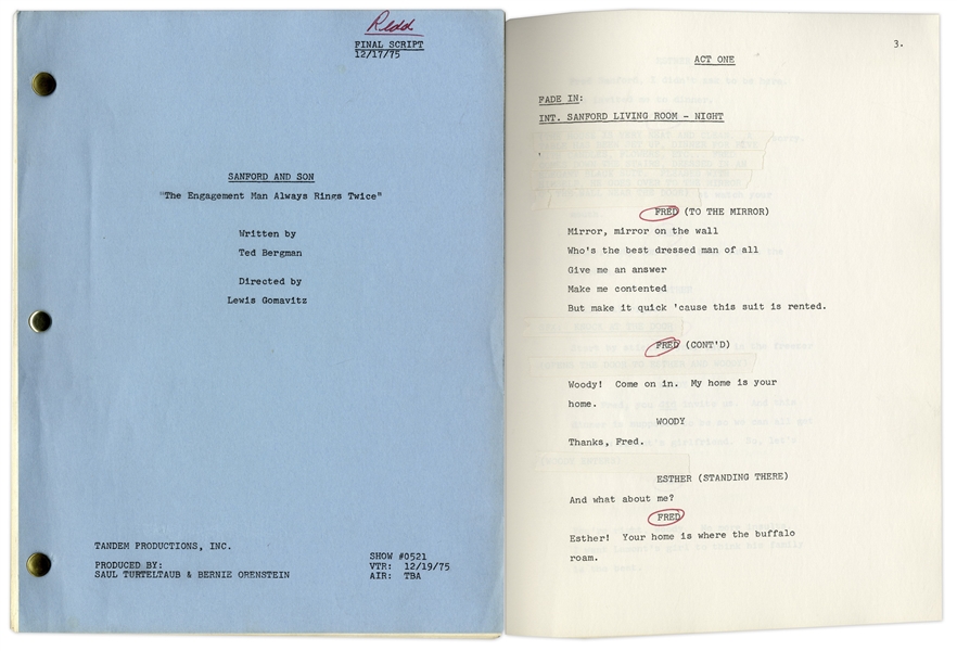 ''Sanford & Son'' Season 5, Episode 20 Final Draft Script Owned & Annotated by Redd Foxx -- 38 Pages -- Near Fine Condition -- From Redd Foxx Estate