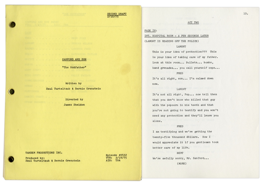 ''Sanford & Son'' Season 5, Episode 13 (100th Episode) Second Draft Script Owned by Redd Foxx -- 39 Pages -- Very Good Condition -- From Redd Foxx Estate