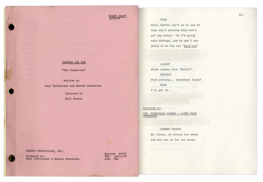''Sanford & Son'' Season 4, Episode 16, First Draft Script Owned by Redd Foxx -- 36 Pages -- Very Good Condition -- From Redd Foxx Estate