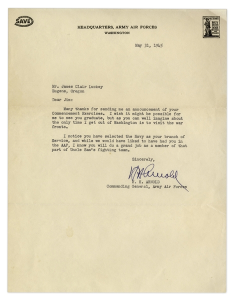 WWII Henry ''Hap'' Arnold Typed Letter Signed From 1945 -- ''...the only time I get out of Washington is to visit the war fronts...''