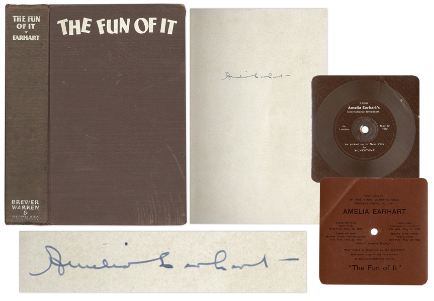Amelia Earhart Signed First Printing of ''The Fun of It'' -- Includes Record With Audio Recordings From Earhart's Internationally Broadcast 1932 Flight