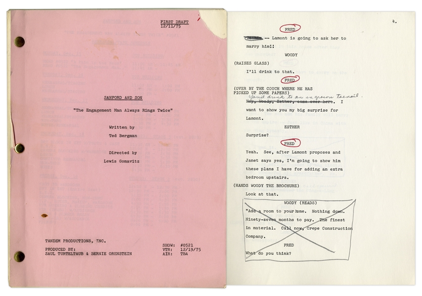 Redd Foxx's ''Sanford & Son'' Hand-Annotated Script -- 1st Draft of ''The Engagement Man Always Rings Twice'' Dated 11 December 1975 -- Very Good Condition -- From the Redd Foxx Estate