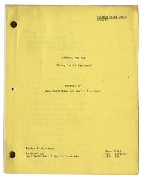 Redd Foxx's ''Sanford & Son'' Script -- Revised First Draft of ''Going Out Of Business'' Dated 11 July 1974 -- 39 Pages -- Very Good Condition -- From the Redd Foxx Estate