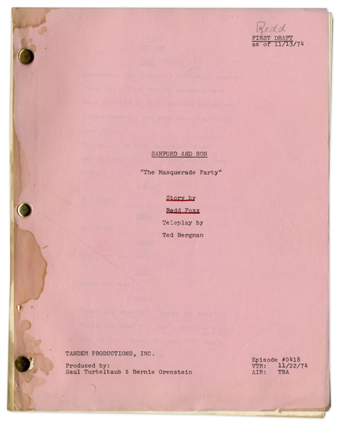 ''Sanford & Son'' Season 4, Episode 18, First Draft Script Owned & Annotated by Redd Foxx -- 41 Pages -- Some Staining, Otherwise Very Good Condition -- From Redd Foxx Estate
