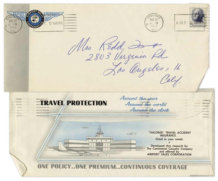 Redd Foxx Signed Airline Trip Insurance Policy From 1963 -- With Envelope Addressed to Wife, Mrs. Redd Foxx -- 8.5'' x 13'' -- Near Fine Condition -- From Redd Foxx Estate
