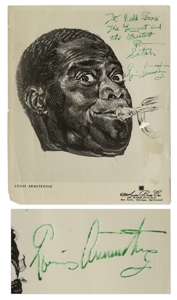 Louis Armstrong Signed Publicity Picture, Inscribed ''To Redd Foxx / The Youngest and the Greatest / Satch / Louis Armstrong'' -- 8'' x 10'' -- Creasing & Light Wear, Very Good Condition
