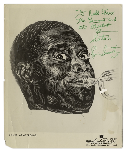 Louis Armstrong Signed Publicity Picture, Inscribed ''To Redd Foxx / The Youngest and the Greatest / Satch / Louis Armstrong'' -- 8'' x 10'' -- Creasing & Light Wear, Very Good Condition