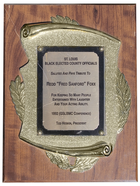 Award Given to Redd Foxx of ''Sanford & Son'' in 1992 From St. Louis Black Elected County Officials -- Wood & Plastic, 9'' x 11.75'' x 0.5'' -- Very Good Condition -- From Redd Foxx Estate