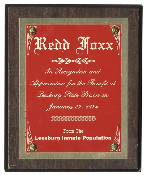 Redd Foxx Commemorative 8'' x 10'' Plaque Given on 29 January 1984 in Recognition of ''Sanford & Son'' Star's Performance at Leesburg State Prison -- Very Good -- From Redd Foxx Estate