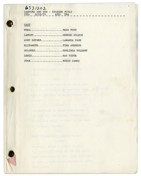 ''Sanford & Son'' Script From 1974 Owned & Annotated by Redd Foxx -- 40 Pages, Missing Cover -- Very Good Condition -- From Redd Foxx Estate