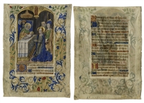 15th Century Hand-Painted Manuscript Page From Book of Hours -- Illustrates Presentation of Jesus Christ