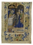 15th Century Hand-Painted Manuscript Page From ''Book of Hours'' -- Illustrates Presentation of Jesus Christ