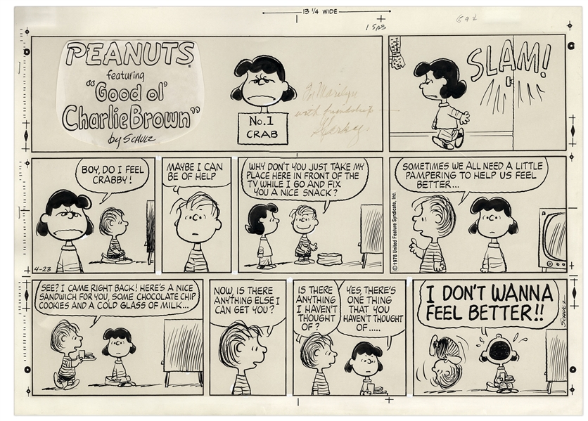 Charles Schulz Hand-Drawn Sunday ''Peanuts'' From 1978 -- Featuring Lucy as ''No. 1 Crab''