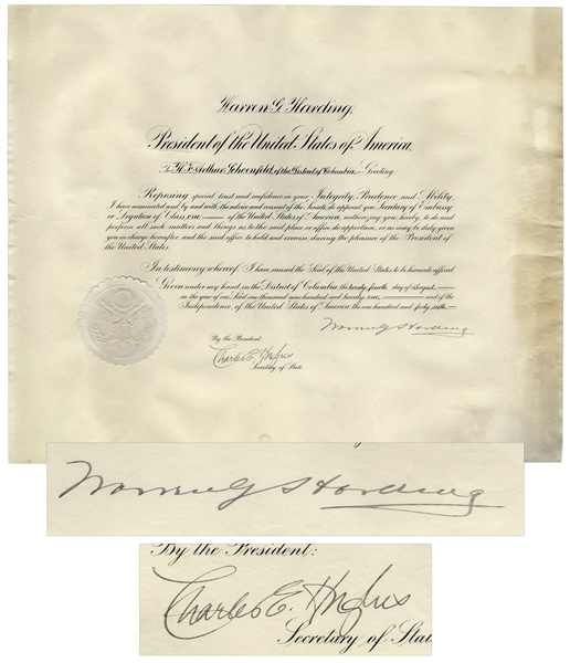 Warren Harding Document Signed as President -- Harding Appoints H.F. Arthur Schoenfeld Secretary of Embassy