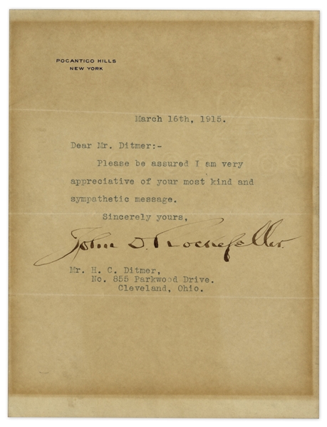 John D. Rockefeller Typed Letter Signed From 1915 -- Rockefeller Sends a Note After His Wife of 50 Years Passes