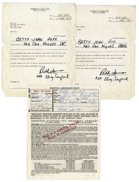 Lot of 3 Insurance Policies Signed by Redd Foxx of ''Sanford & Son'' -- 2 From USO in 1967 During Vietnam War -- 8.5'' x 11'' -- Very Good Condition -- From Redd Foxx Estate