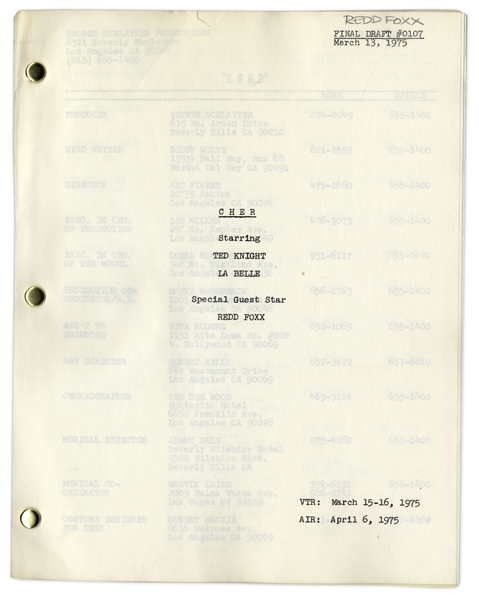 ''Cher'' Variety Show Final Draft Script Owned by Special Guest Star Redd Foxx of ''Sanford & Son'' -- Season 1, Aired in 1975 -- 91 Pages -- Very Good Condition -- From Redd Foxx Estate