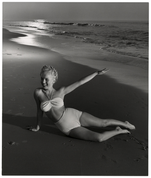 Original 1946 Photograph of Marilyn Monroe Taken by Andre de Dienes -- With de Dienes Backstamp, Developed by Him From His Negative -- Large Format Photo Measures 11'' x 12.25''