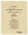 Emmy Nomination Certificate for The Tracey Ullman Show Given to Sam Simon in 1987 -- From the Sam Simon Estate