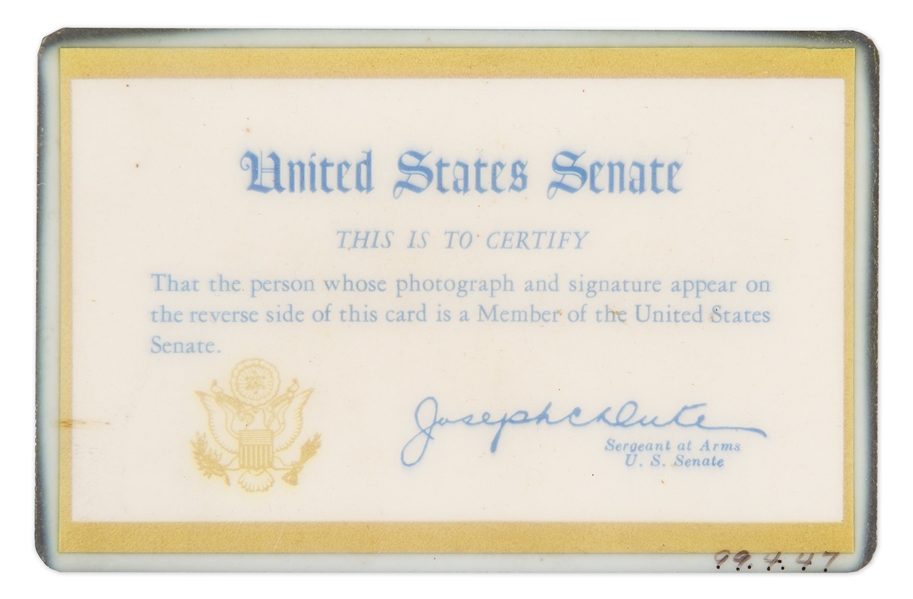 John F. Kennedy Signed U.S. Senate ID Card -- With LOA From Evelyn Lincoln