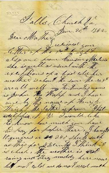 Civil War Letter by Soldier in the 35th New York Infantry -- Regarding the Famous Confederate Fort: ''...The fort I spoke of is fort Sckedadle pronounced Skidadle with the flat sound on 'a'...''