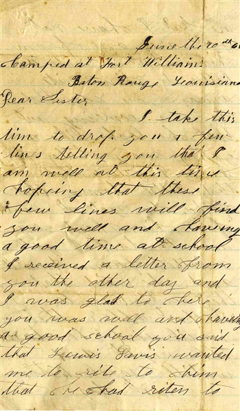 1864 Civil War Letter by Soldier in the 1st Indiana Artillery in Baton Rouge -- ''...there was an aligater killed the other day down in the river...6 feet long...they had to shoot it 4 times...''