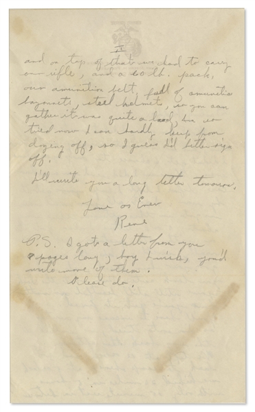 Rene Gagnon Autograph Letter Signed -- ''...carry our rifle, and a 60 lb. pack, our ammunition belt, full of ammunition bayonets, steel helmets...Im so tired...'' -- With Original Signed Envelope