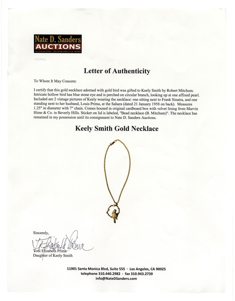 Keely Smith Gold Necklace, Given to Her by Robert Mitchum -- With 2 Photos of Keely Wearing Necklace
