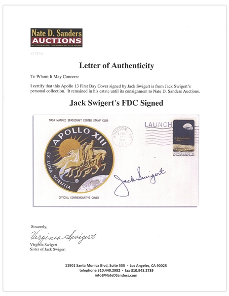 Jack Swigert's Personally Owned Apollo 13 First Day Cover Signed