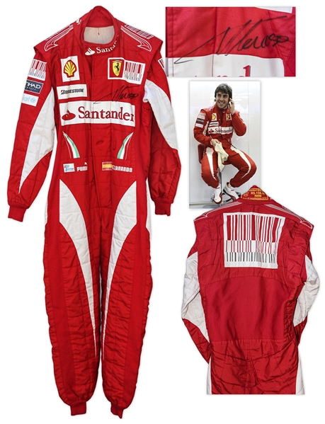 World Champion Fernando Alonso Race-Worn & Signed Rare Ferrari Suit -- From 2010 Formula One Season